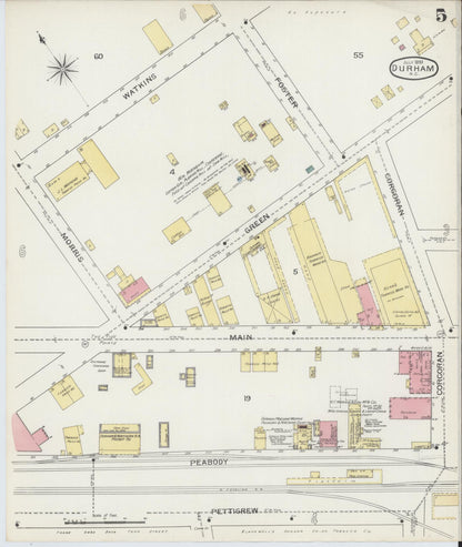 Sanborn Fire Insurance Map from Durham, Durham County, North Carolina (1893), Sheet #0005 - Historic Sanborn Fire Insurance Map Print, vintage old map wall art, antique decor, genealogy gift, North Carolina North Carolina map