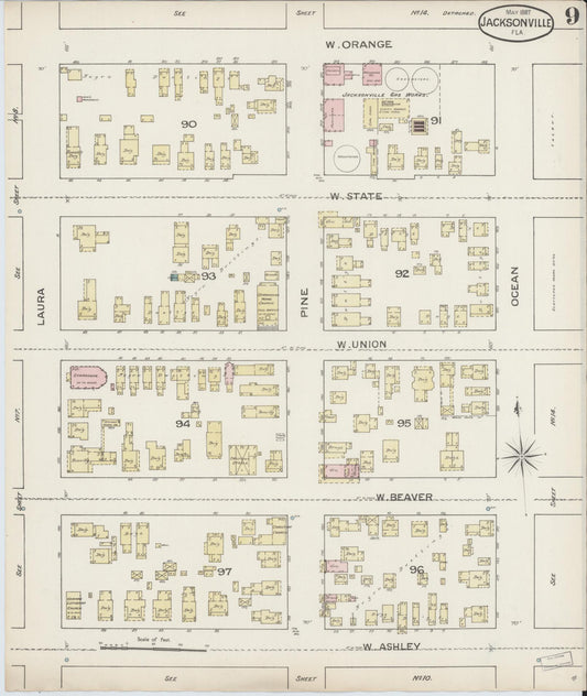 Sanborn Fire Insurance Map from Jacksonville, Duval County, Florida. (1887), Sheet 9 – Historic Sanborn Fire Insurance Map Print