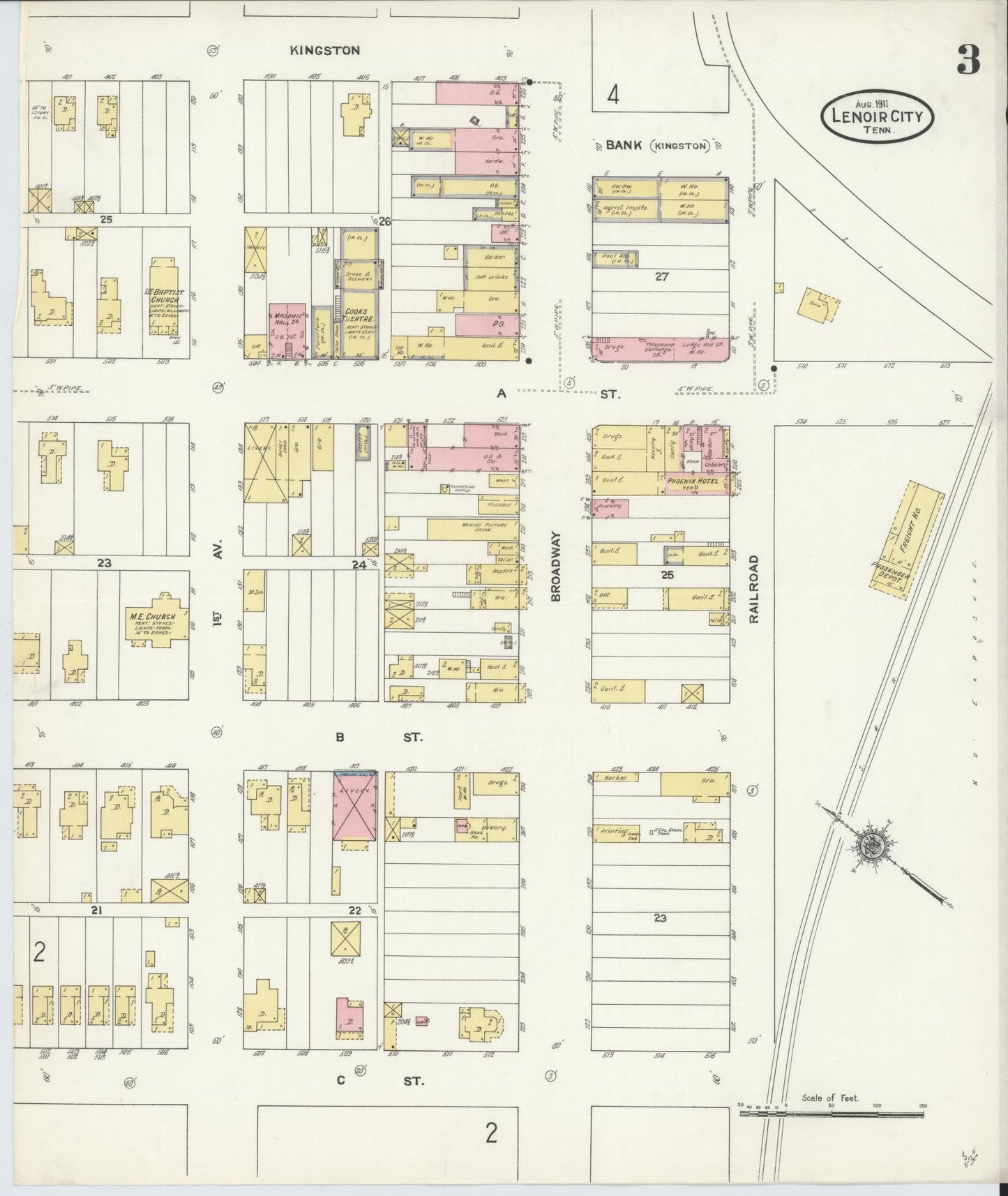 Sanborn Fire Insurance Map from Lenoir City, Loudon County, Tennessee (1911), Sheet #0003 - Complete Map Set gallery image, historic Sanborn map, vintage wall art, Tennessee Tennessee