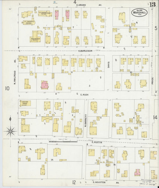 Sanborn Fire Insurance Map from Marshall, Harrison County, Texas (1899), Sheet #0013 - Historic Sanborn Fire Insurance Map Print, vintage old map wall art, antique decor, genealogy gift, Texas Texas map