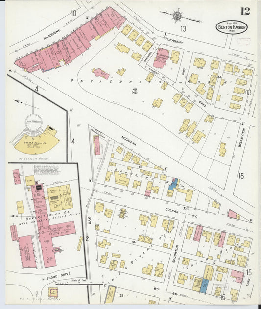 Sanborn Fire Insurance Map from Benton Harbor, Berrien County, Michigan (1911), Sheet #0012 - Historic Sanborn Fire Insurance Map Print, vintage old map wall art, antique decor, genealogy gift, Michigan Michigan map