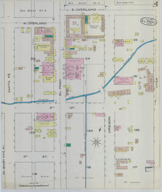 Sanborn Fire Insurance Map from El Paso, El Paso County, Texas (1885), Sheet #0004 - Historic Sanborn Fire Insurance Map Print, vintage old map wall art, antique decor, genealogy gift, Texas Texas map