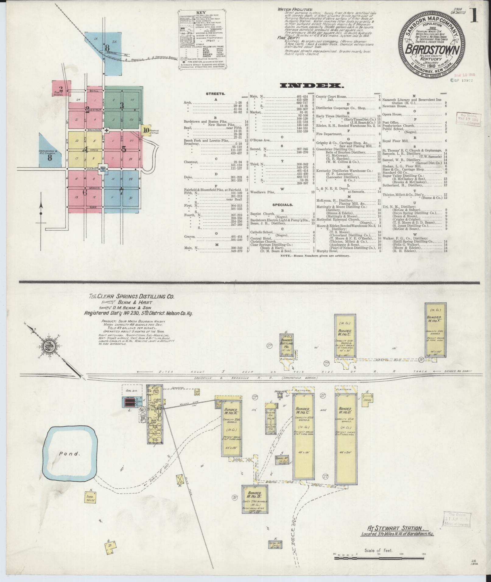 Sanborn Fire Insurance Map from Bardstown, Nelson County, Kentucky (1910), Sheet #0001 - Historic Sanborn Fire Insurance Map Print, vintage old map wall art, antique decor, genealogy gift, Kentucky Kentucky map