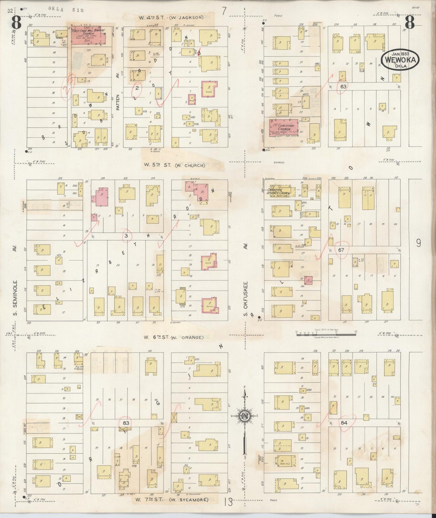 Sanborn Fire Insurance Map from Wewoka, Seminole County, Oklahoma (1945), Sheet #0008 - Complete Map Set gallery image, historic Sanborn map, vintage wall art, Oklahoma Oklahoma