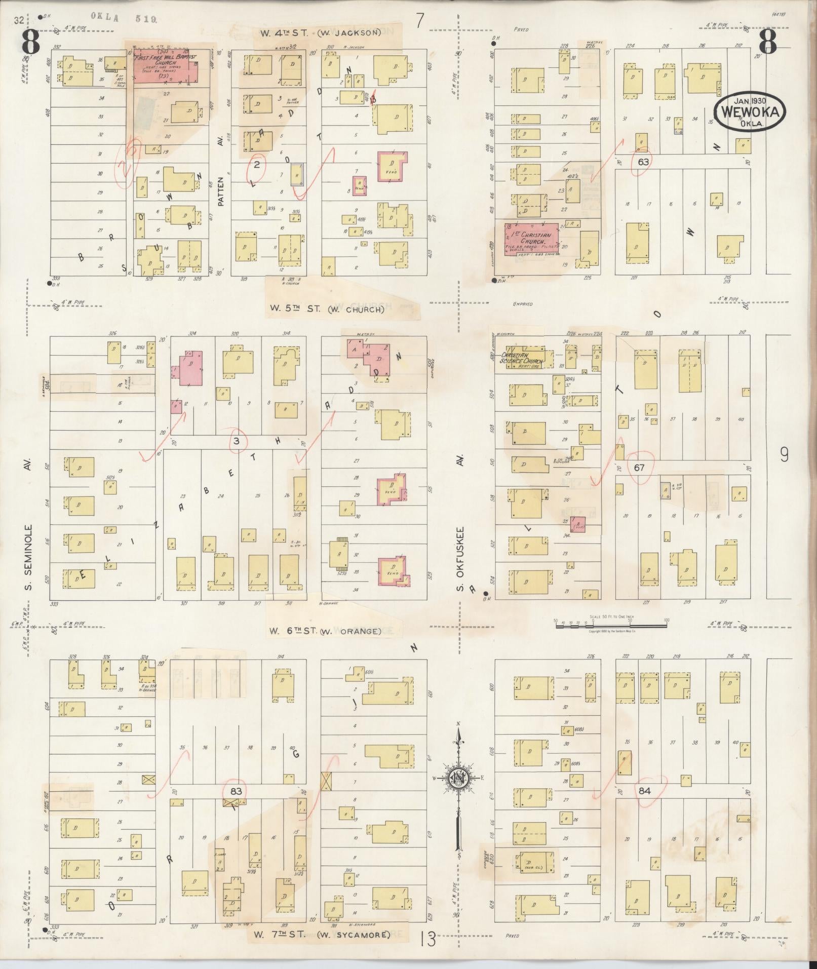 Sanborn Fire Insurance Map from Wewoka, Seminole County, Oklahoma (1945), Sheet #0008 - Complete Map Set gallery image, historic Sanborn map, vintage wall art, Oklahoma Oklahoma