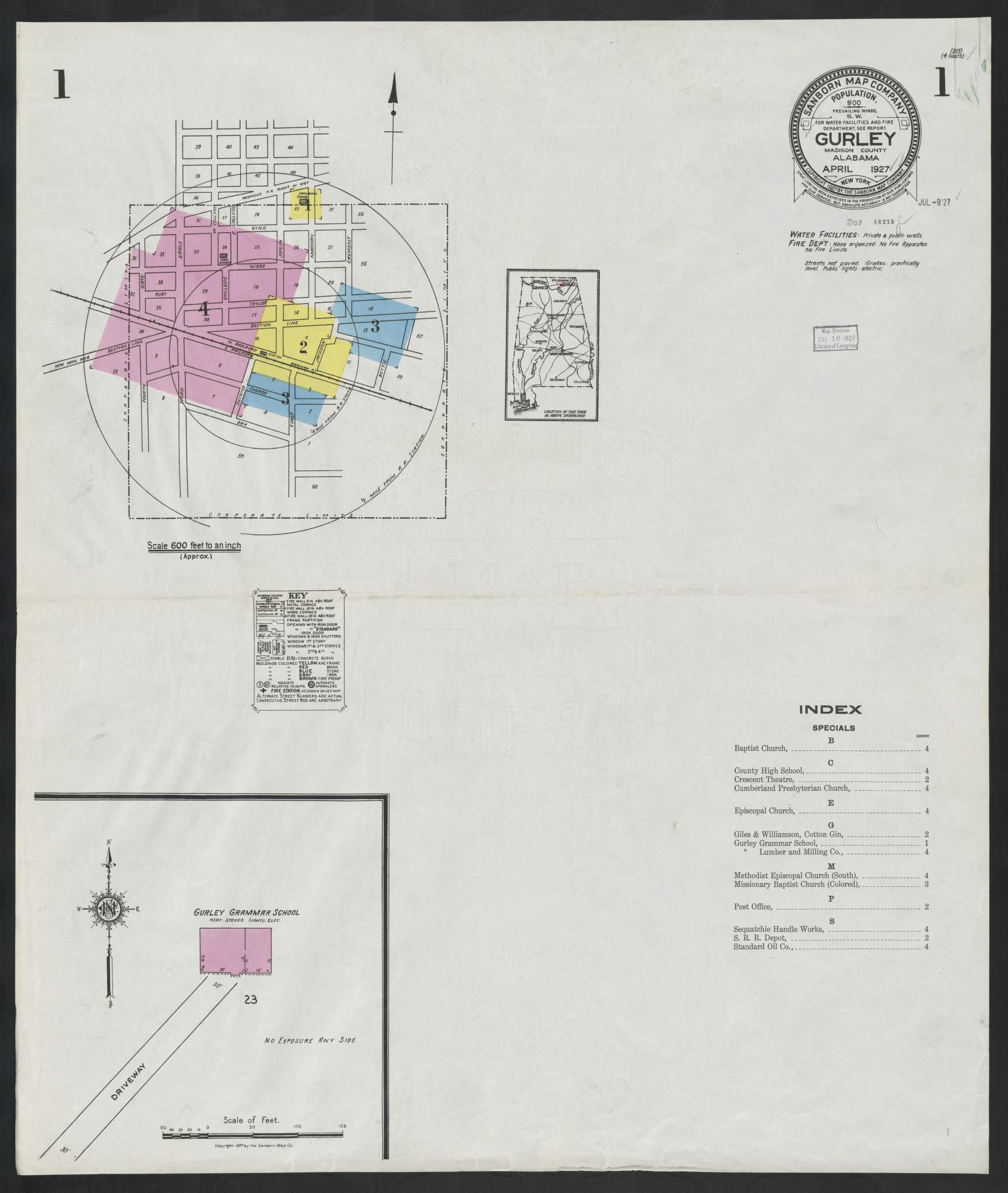 Sanborn Fire Insurance Map from Gurley, Madison County, Alabama (1927), Sheet #0001 - Historic Sanborn Fire Insurance Map Print, vintage old map wall art, antique decor, genealogy gift, Alabama Alabama map