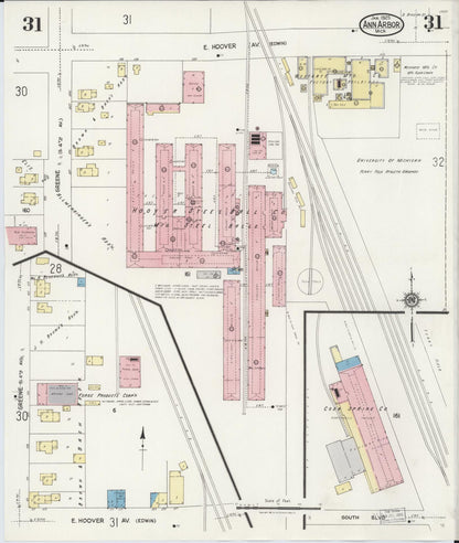 Sanborn Fire Insurance Map from Ann Arbor, Washtenaw County, Michigan (1925), Sheet #0031 - Historic Sanborn Fire Insurance Map Print, vintage old map wall art, antique decor, genealogy gift, Michigan Michigan map