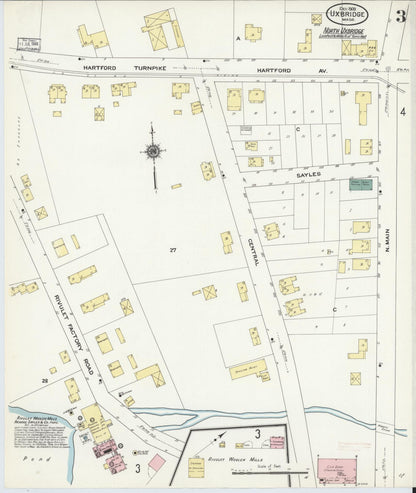 Sanborn Fire Insurance Map from Uxbridge, Worcester County, Massachusetts (1909), Sheet #0003 - Historic Sanborn Fire Insurance Map Print, vintage old map wall art, antique decor, genealogy gift, Massachusetts Massachusetts map
