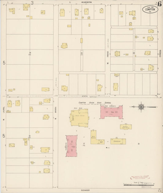 Sanborn Fire Insurance Map from Compton, Los Angeles County, California (1916), Sheet #0006 - Historic Sanborn Fire Insurance Map Print, vintage old map wall art, antique decor, genealogy gift, California California map