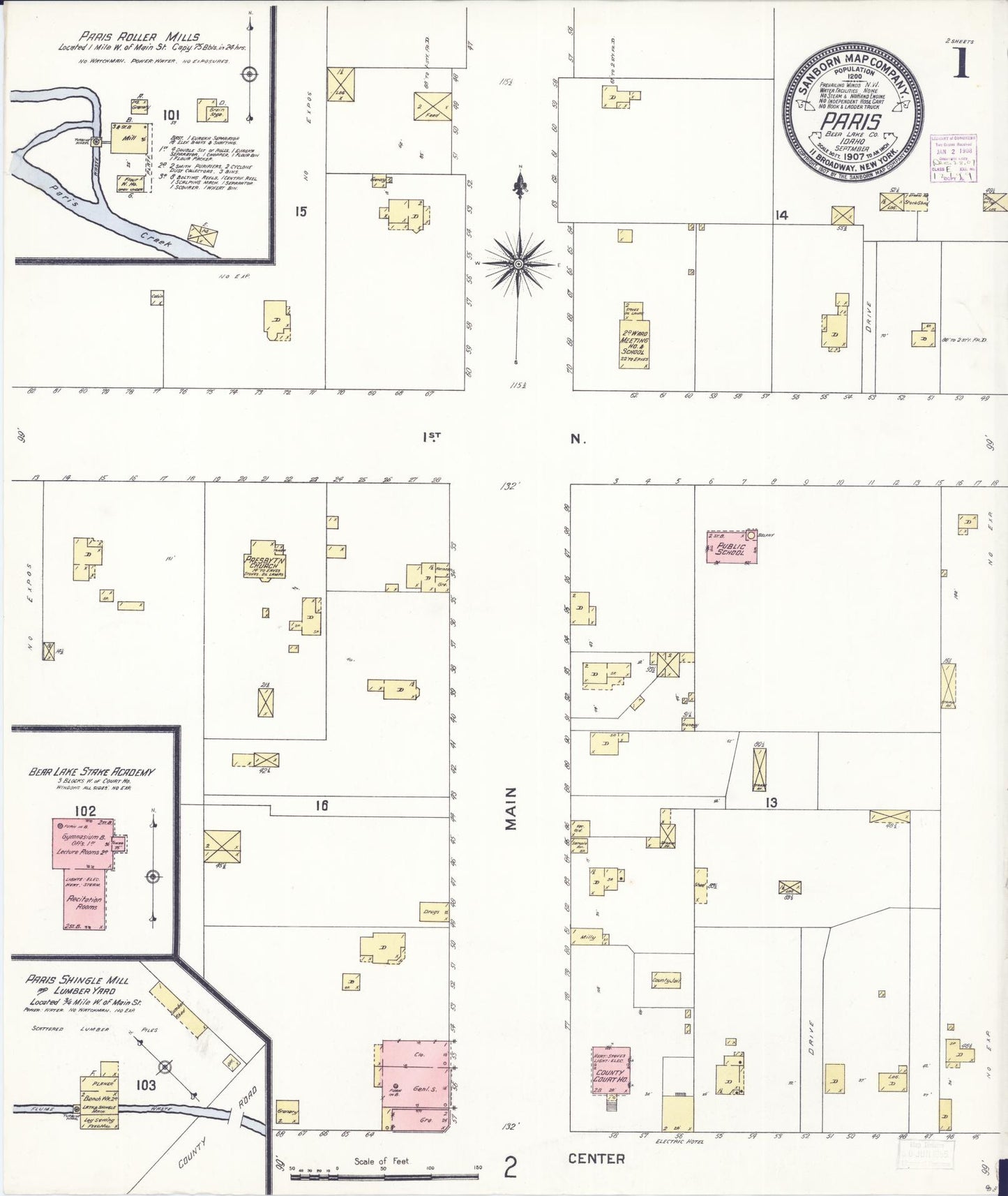 Sanborn Fire Insurance Map from Paris, Bear Lake County, Idaho (1907), Sheet #0001 - Historic Sanborn Fire Insurance Map Print, vintage old map wall art, antique decor, genealogy gift, Idaho Idaho map