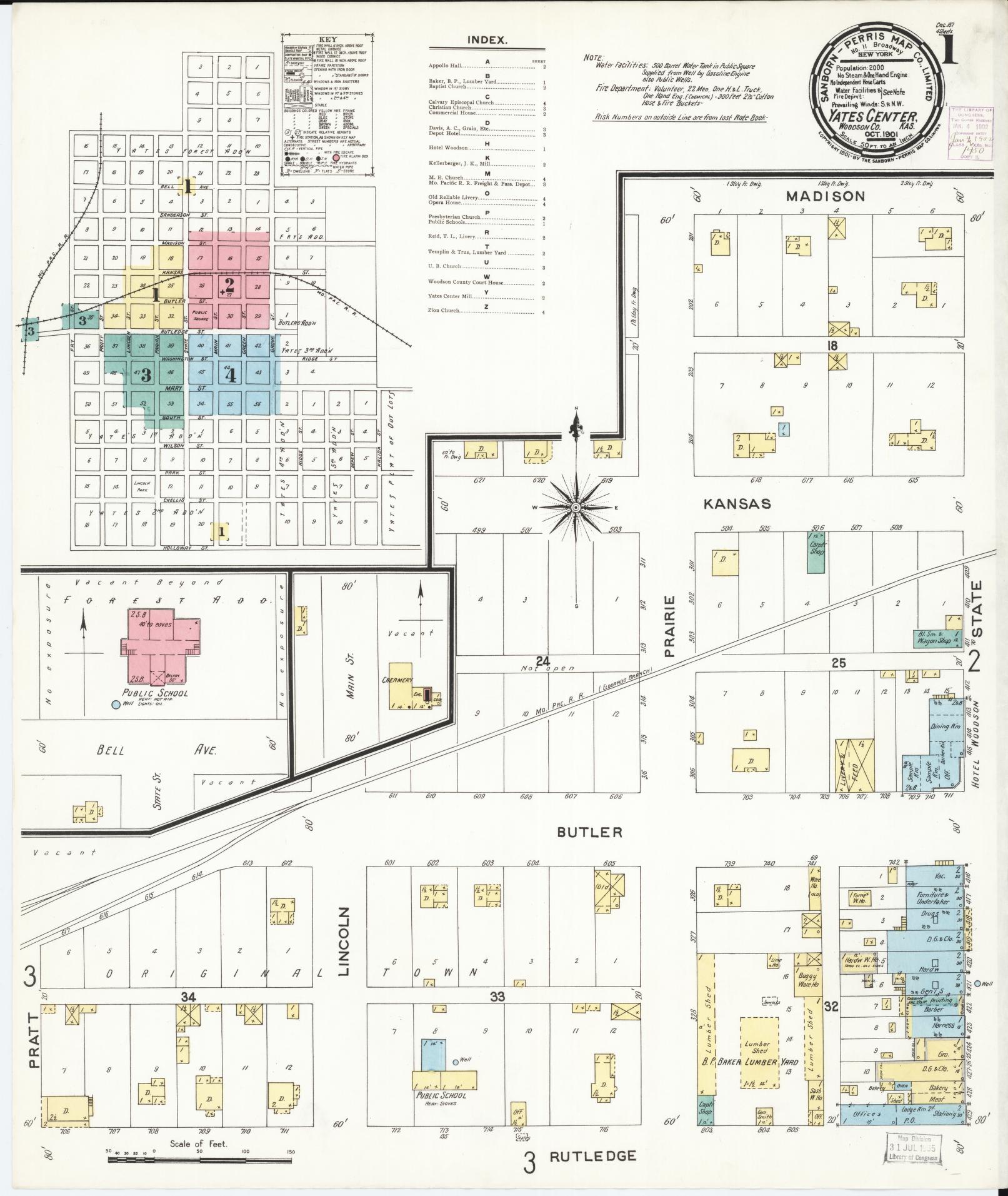 Sanborn Fire Insurance Map from Yates Center, Woodson County, Kansas (1901), Sheet #0001 - Historic Sanborn Fire Insurance Map Print, vintage old map wall art, antique decor, genealogy gift, Kansas Kansas map