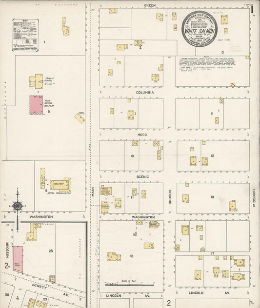 Sanborn Fire Insurance Map from White Salmon, Klickitat County, Washington (1910), Sheet #0001 - Historic Sanborn Fire Insurance Map Print, vintage old map wall art, antique decor, genealogy gift, Washington Washington map