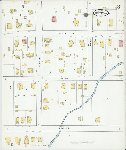 Sanborn Fire Insurance Map from Fayetteville, Washington County, Arkansas (1919), Sheet #0008 - Historic Sanborn Fire Insurance Map Print, vintage old map wall art, antique decor, genealogy gift, Arkansas Arkansas map