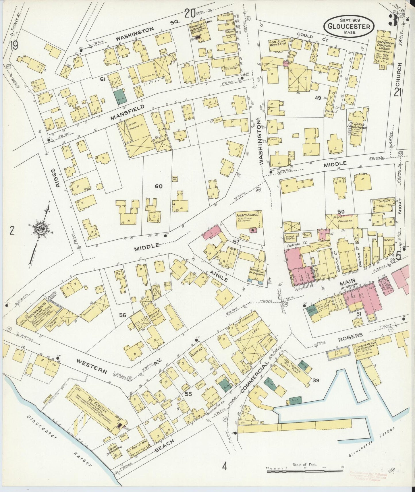 Sanborn Fire Insurance Map from Gloucester, Essex County, Massachusetts (1909), Sheet #0003 - Historic Sanborn Fire Insurance Map Print, vintage old map wall art, antique decor, genealogy gift, Massachusetts Massachusetts map