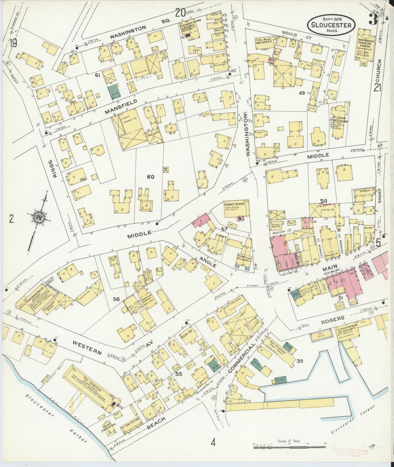 Sanborn Fire Insurance Map from Gloucester, Essex County, Massachusetts (1909), Sheet #0003 - Historic Sanborn Fire Insurance Map Print, vintage old map wall art, antique decor, genealogy gift, Massachusetts Massachusetts map