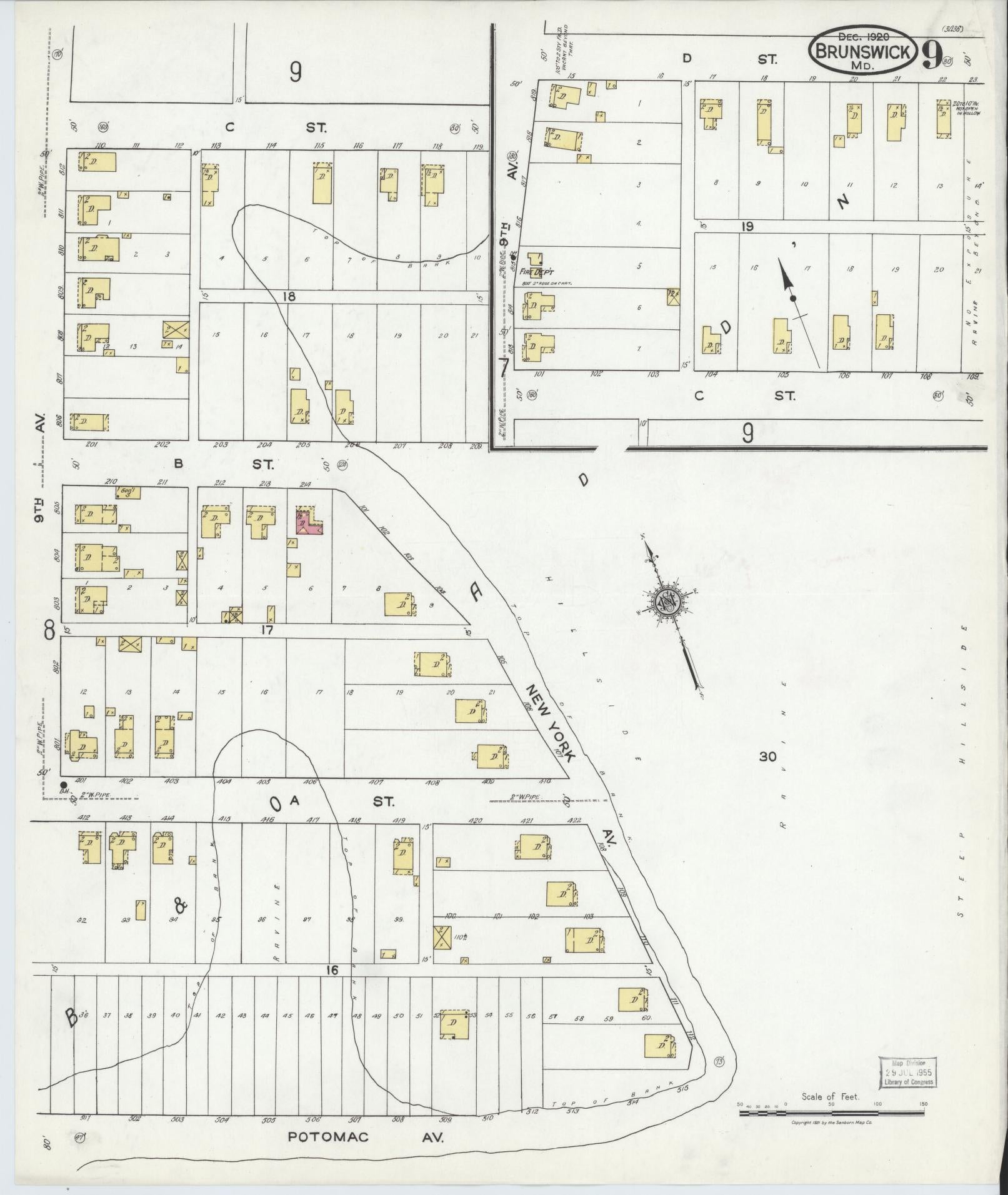 Frederick, Maryland - 1920 - Sanborn Fire Insurance Map, Sheet #0009 - Historic Sanborn Fire Insurance Map Print, Frederick Maryland 1920 0009 vintage old map wall art