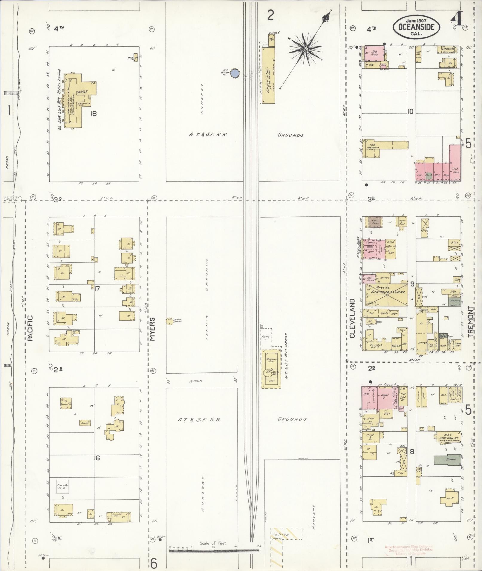 Sanborn Fire Insurance Map from Oceanside, San Diego County, California (1907), Sheet #0004 - Historic Sanborn Fire Insurance Map Print, vintage old map wall art, antique decor, genealogy gift, California California map