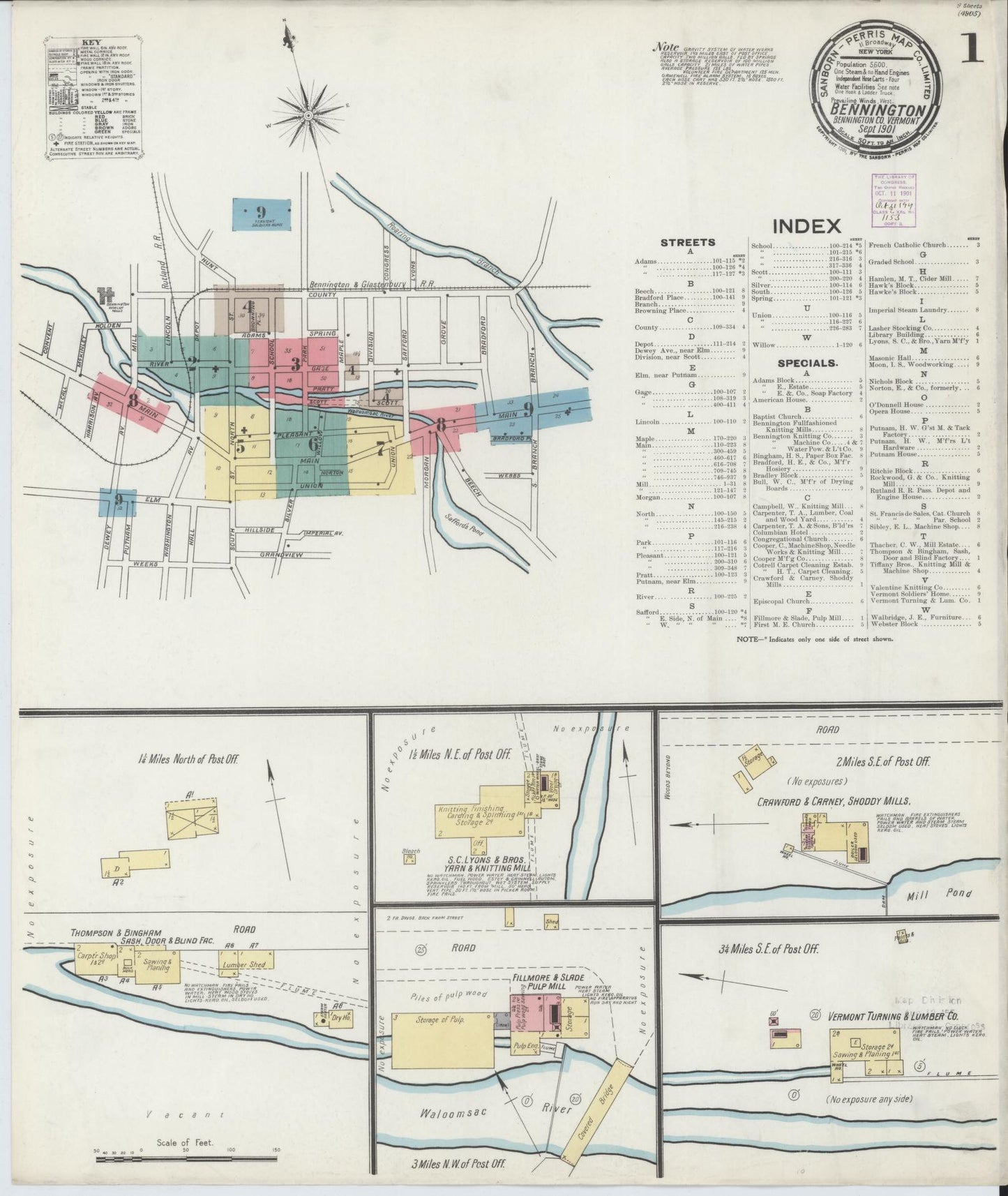 Sanborn Fire Insurance Map from Bennington, Bennington County, Vermont (1901), Sheet #0001 - Complete Map Set gallery image, historic Sanborn map, vintage wall art, Vermont Vermont