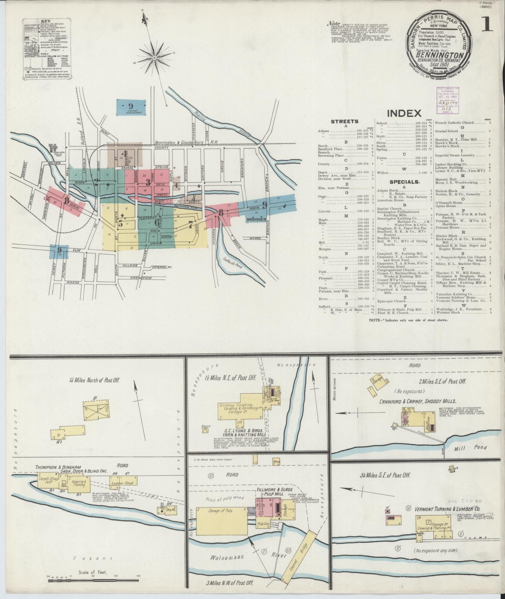 Sanborn Fire Insurance Map from Bennington, Bennington County, Vermont (1901), Sheet #0001 - Complete Map Set gallery image, historic Sanborn map, vintage wall art, Vermont Vermont