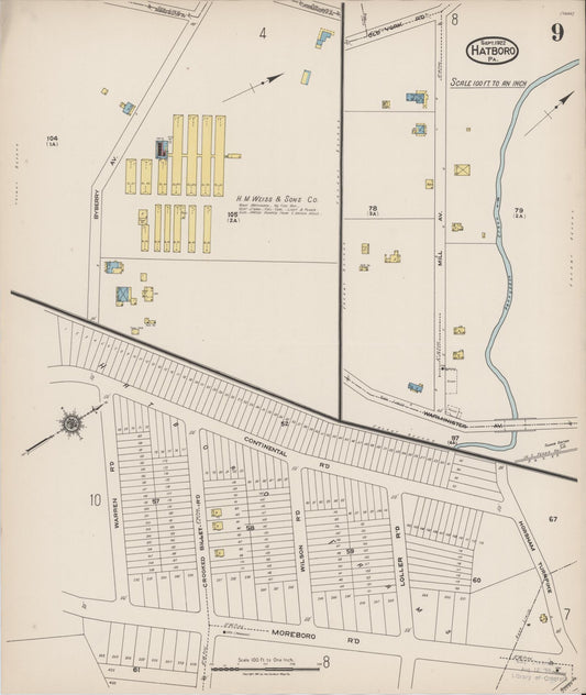 Sanborn Fire Insurance Map from Hatboro, Montgomery County, Pennsylvania (1922), Sheet #0009 - Historic Sanborn Fire Insurance Map Print, vintage old map wall art, antique decor, genealogy gift, Pennsylvania Pennsylvania map