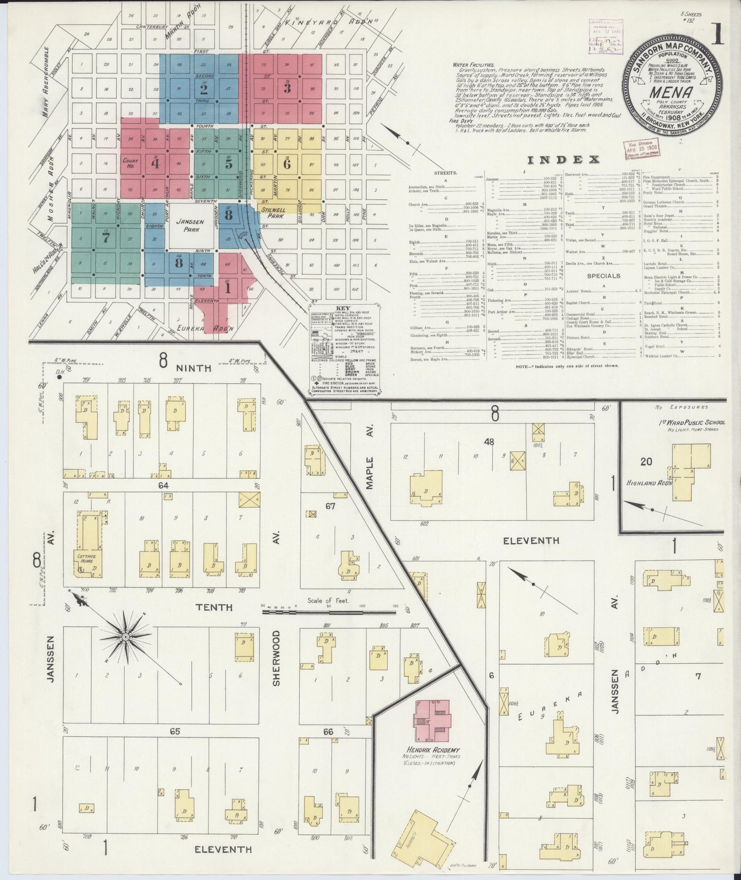 Sanborn Fire Insurance Map from Mena, Polk County, Arkansas (1908), Sheet #0001 - Historic Sanborn Fire Insurance Map Print, vintage old map wall art, antique decor, genealogy gift, Arkansas Arkansas map