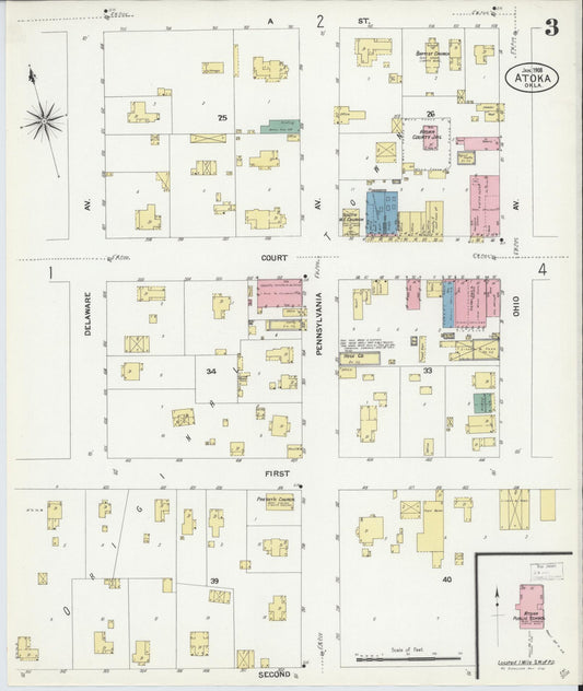 Sanborn Fire Insurance Map from Atoka, Atoka County, Oklahoma (1908), Sheet #0003 - Historic Sanborn Fire Insurance Map Print, vintage old map wall art, antique decor, genealogy gift, Oklahoma Oklahoma map