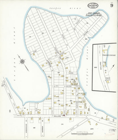 Sanborn Fire Insurance Map from Saugus, Essex County, Massachusetts (1922), Sheet #0009 - Historic Sanborn Fire Insurance Map Print, vintage old map wall art, antique decor, genealogy gift, Massachusetts Massachusetts map