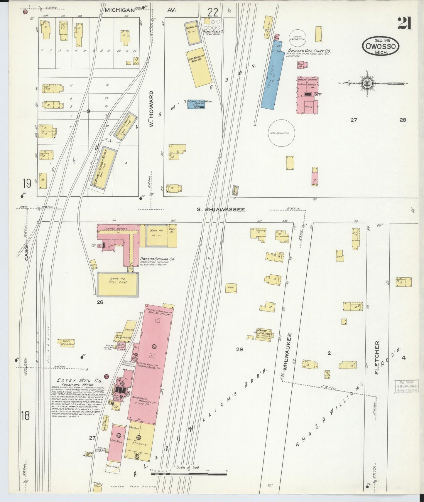 Sanborn Fire Insurance Map from Owosso, Shiawassee County, Michigan (1915), Sheet #0021 - Historic Sanborn Fire Insurance Map Print, vintage old map wall art, antique decor, genealogy gift, Michigan Michigan map
