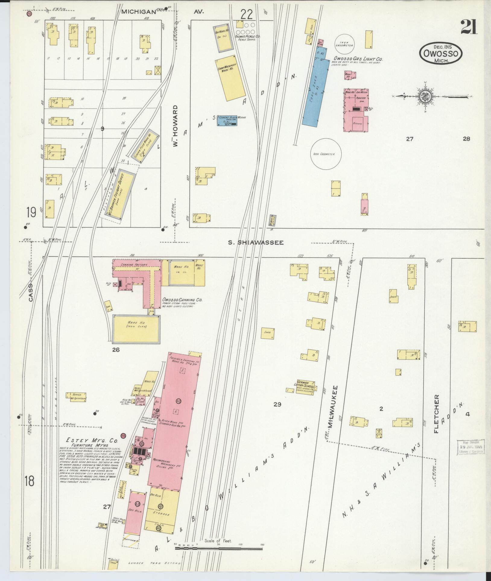 Sanborn Fire Insurance Map from Owosso, Shiawassee County, Michigan (1915), Sheet #0021 - Historic Sanborn Fire Insurance Map Print, vintage old map wall art, antique decor, genealogy gift, Michigan Michigan map