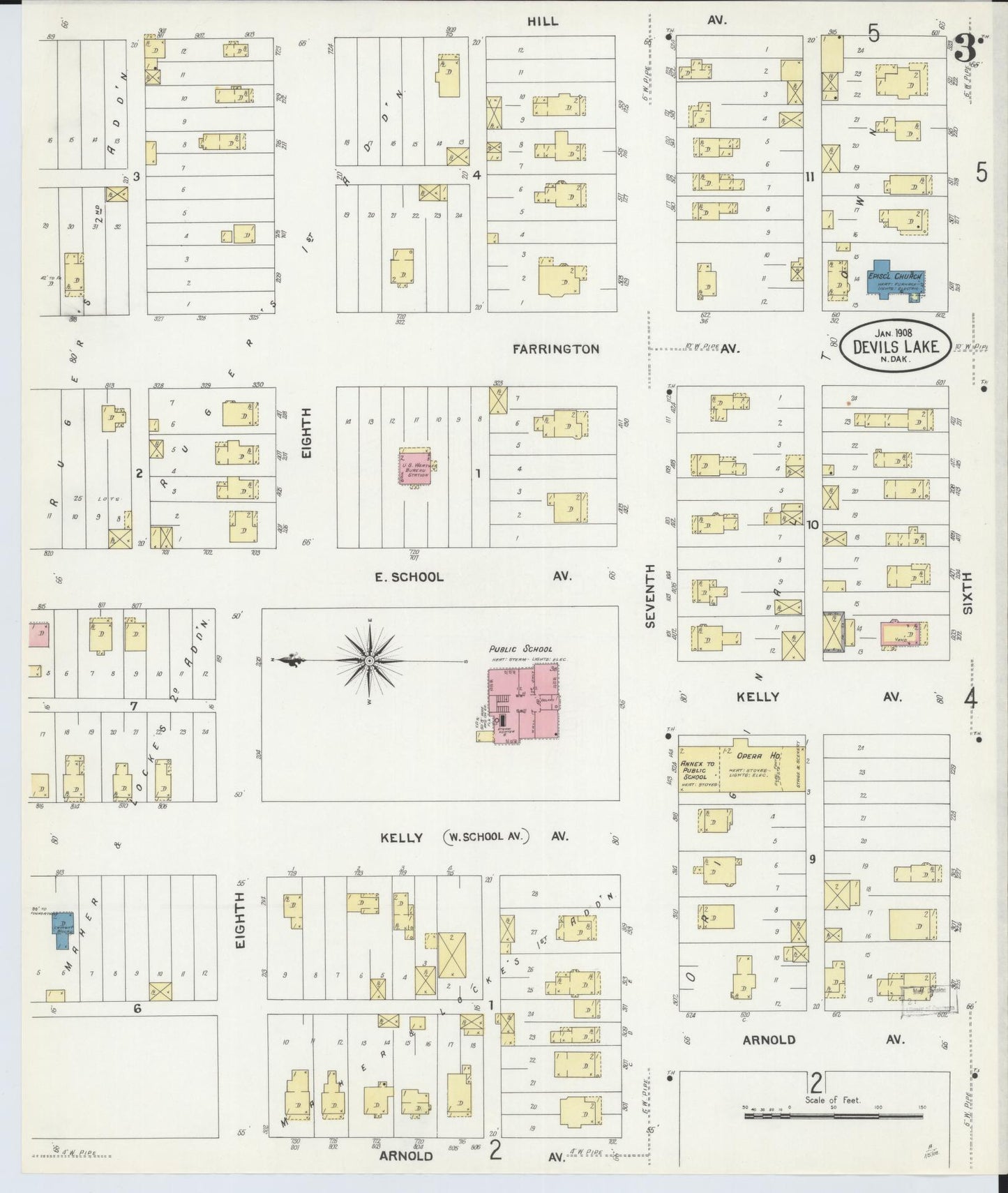 Sanborn Fire Insurance Map from Devils Lake, Ramsey County, North Dakota (1908), Sheet #0003 - Historic Sanborn Fire Insurance Map Print, vintage old map wall art, antique decor, genealogy gift, North Dakota North Dakota map