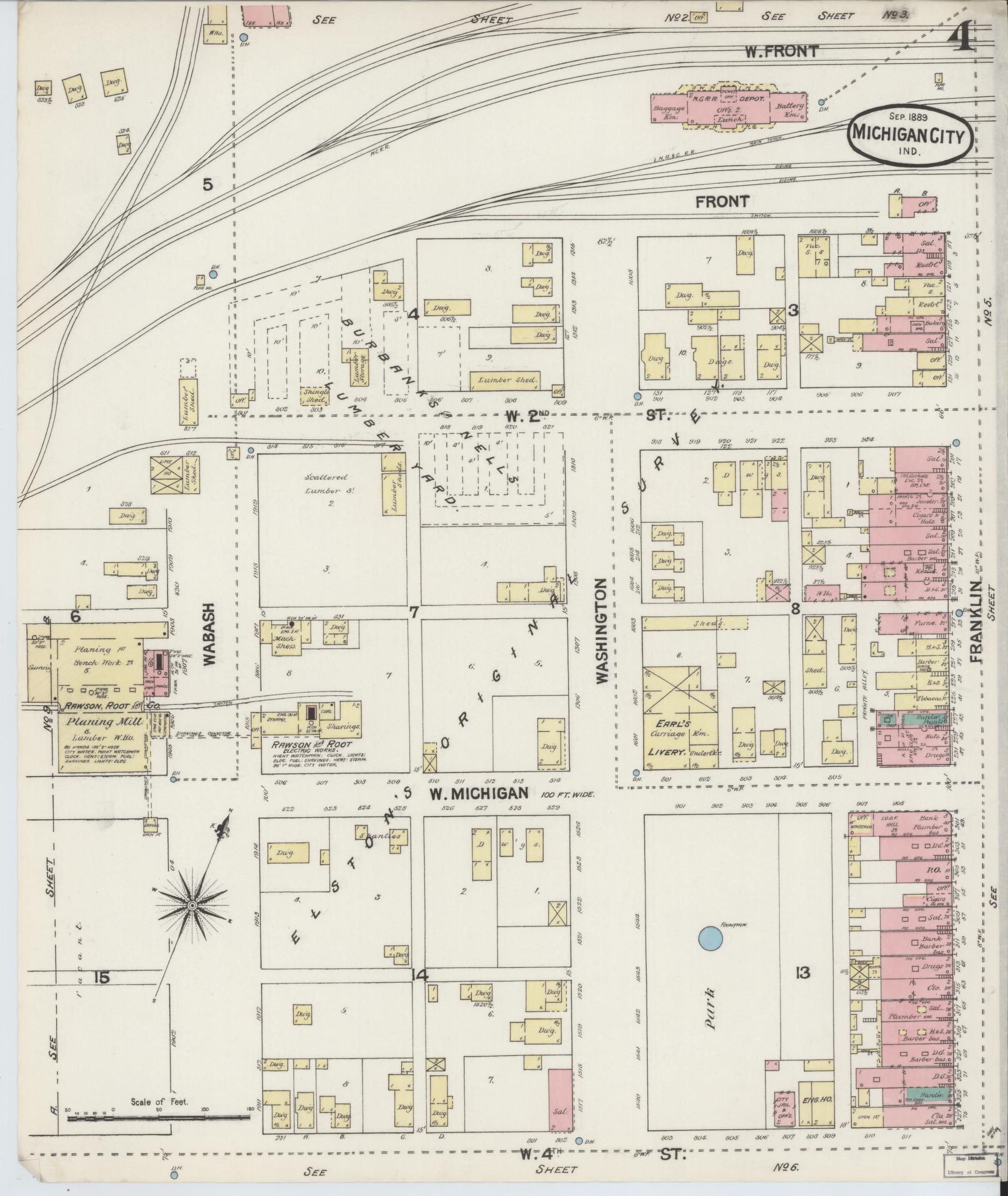 Sanborn Fire Insurance Map from Michigan City, La Porte County, Indiana (1889), Sheet #0004 - Complete Map Set gallery image, historic Sanborn map, vintage wall art, Michigan Michigan