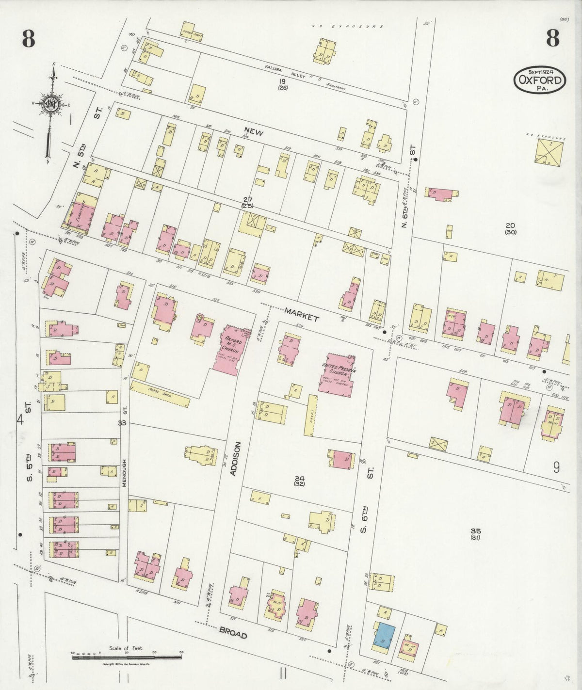 Sanborn Fire Insurance Map from Oxford, Chester County, Pennsylvania (1924), Sheet #0008 - Historic Sanborn Fire Insurance Map Print, vintage old map wall art, antique decor, genealogy gift, Pennsylvania Pennsylvania map
