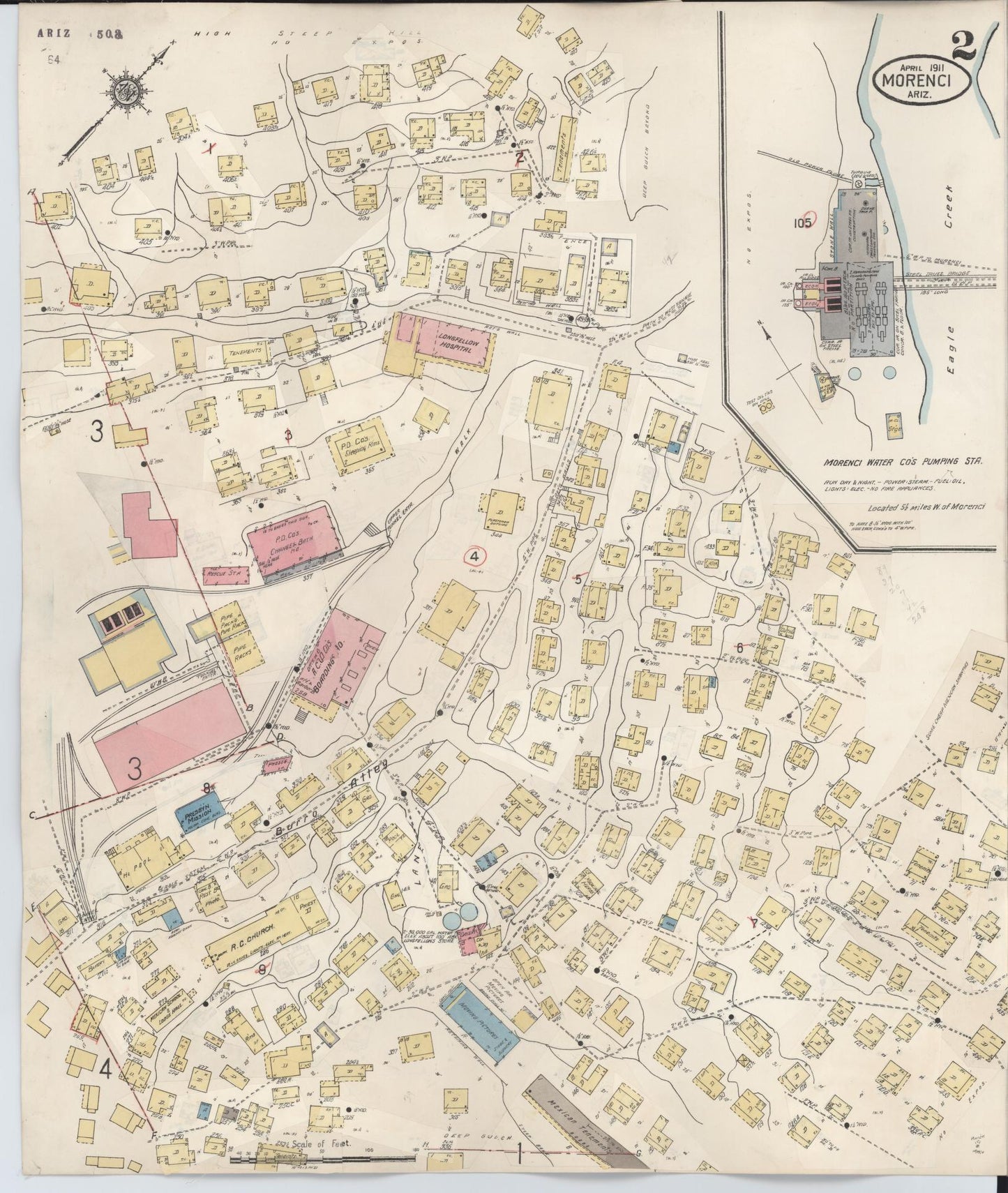 Sanborn Fire Insurance Map from Morenci, Greenlee County, Arizona (1931), Sheet #0002 - Historic Sanborn Fire Insurance Map Print, vintage old map wall art, antique decor, genealogy gift, Arizona Arizona map