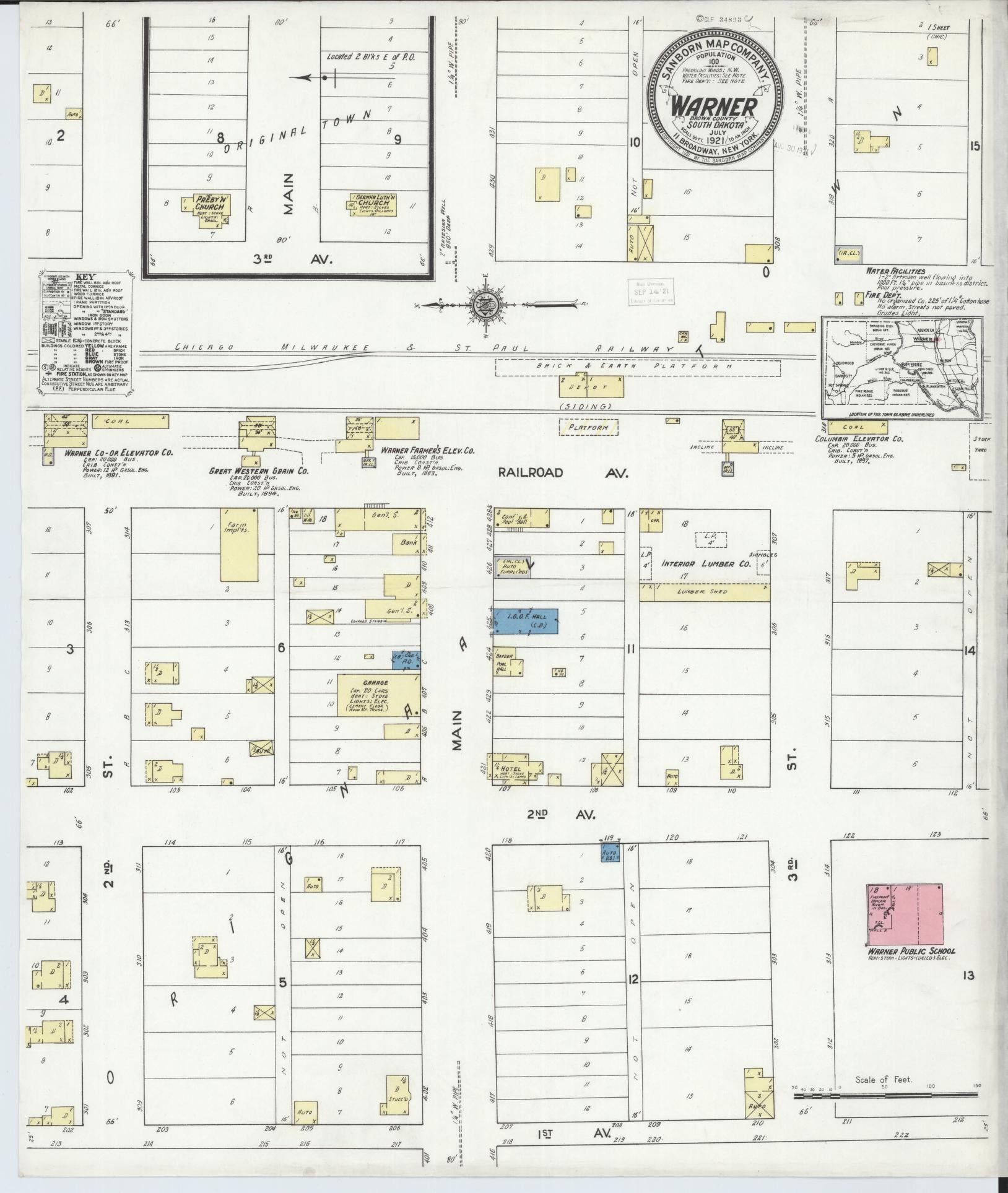 Sanborn Fire Insurance Map from Warner, Brown County, South Dakota (1921), Sheet #0001 - Historic Sanborn Fire Insurance Map Print, vintage old map wall art, antique decor, genealogy gift, South Dakota South Dakota map