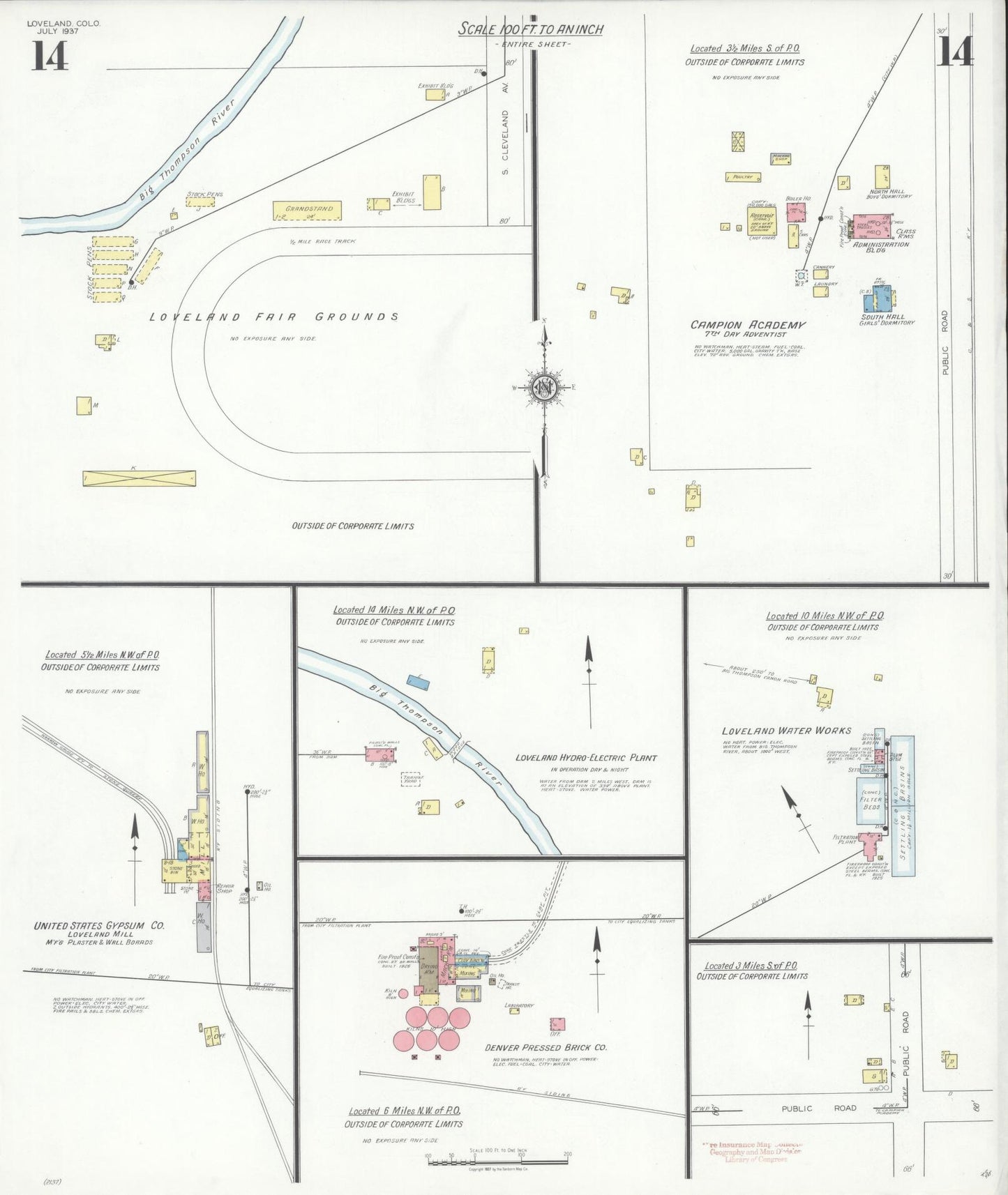 Sanborn Fire Insurance Map from Loveland, Larimer County, Colorado (1937), Sheet #0014 - Historic Sanborn Fire Insurance Map Print, vintage old map wall art, antique decor, genealogy gift, Colorado Colorado map