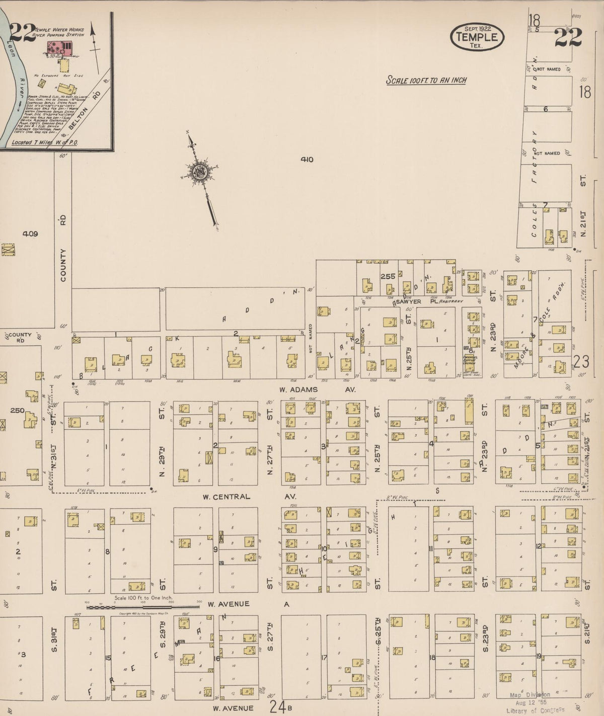 Sanborn Fire Insurance Map from Temple, Bell County, Texas (1922), Sheet #0022 - Historic Sanborn Fire Insurance Map Print, vintage old map wall art, antique decor, genealogy gift, Texas Texas map