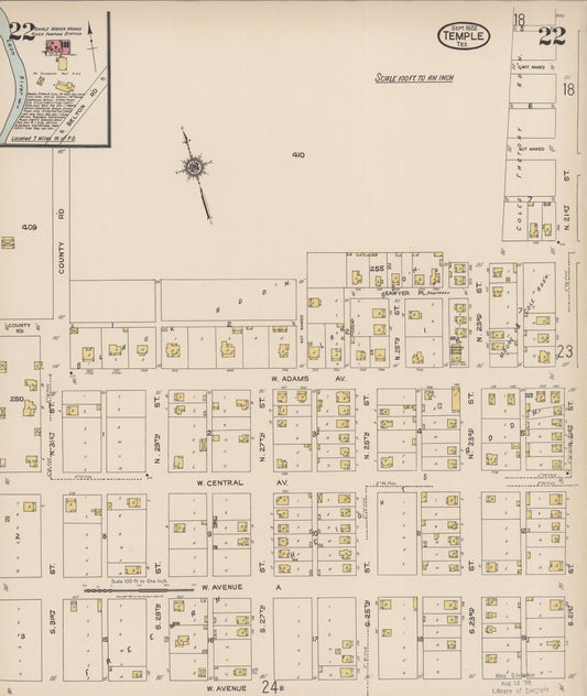 Sanborn Fire Insurance Map from Temple, Bell County, Texas (1922), Sheet #0022 - Historic Sanborn Fire Insurance Map Print, vintage old map wall art, antique decor, genealogy gift, Texas Texas map