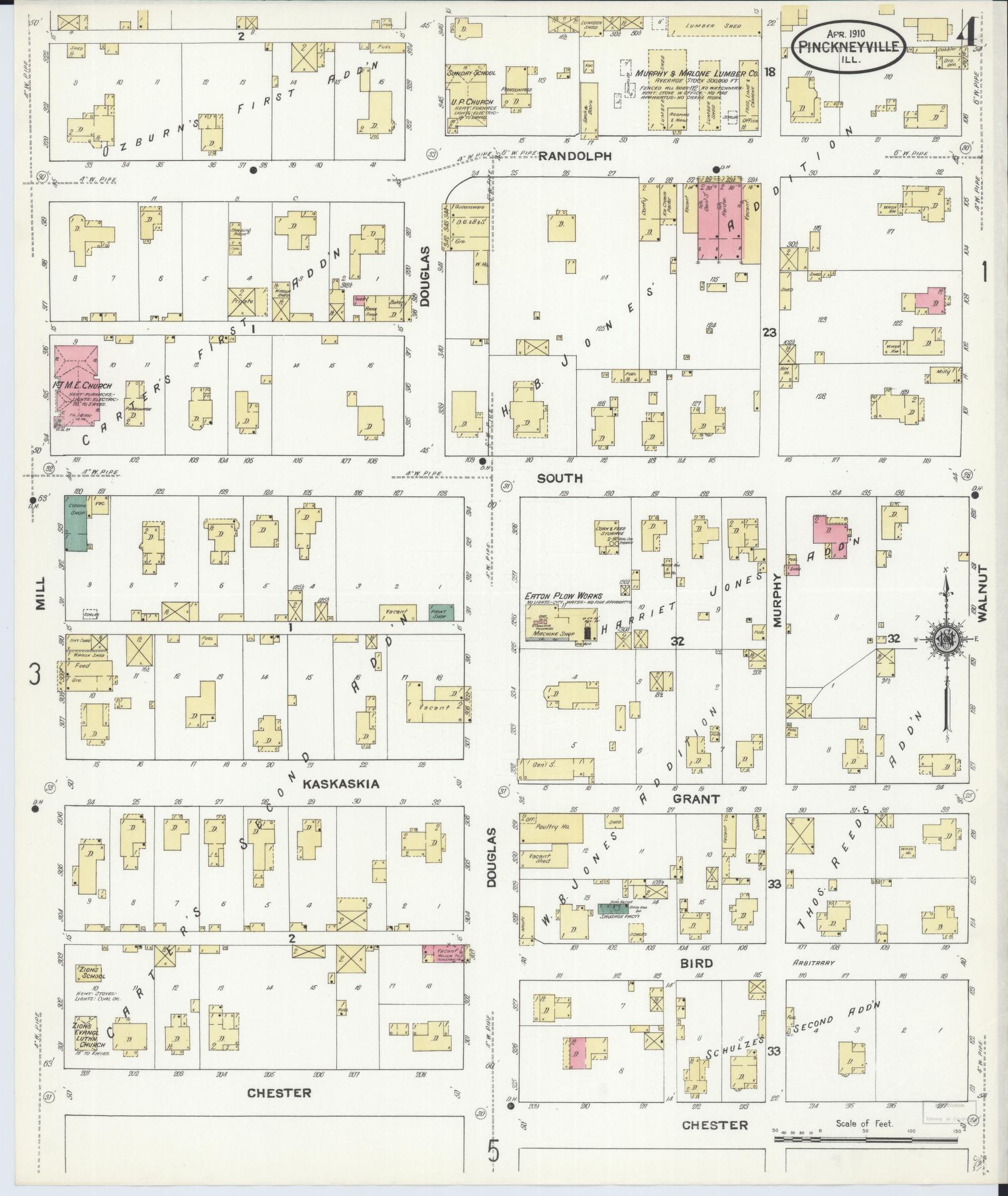Sanborn Fire Insurance Map from Pinckneyville, Perry County, Illinois (1910), Sheet #0004 - Complete Map Set gallery image, historic Sanborn map, vintage wall art, Illinois Illinois