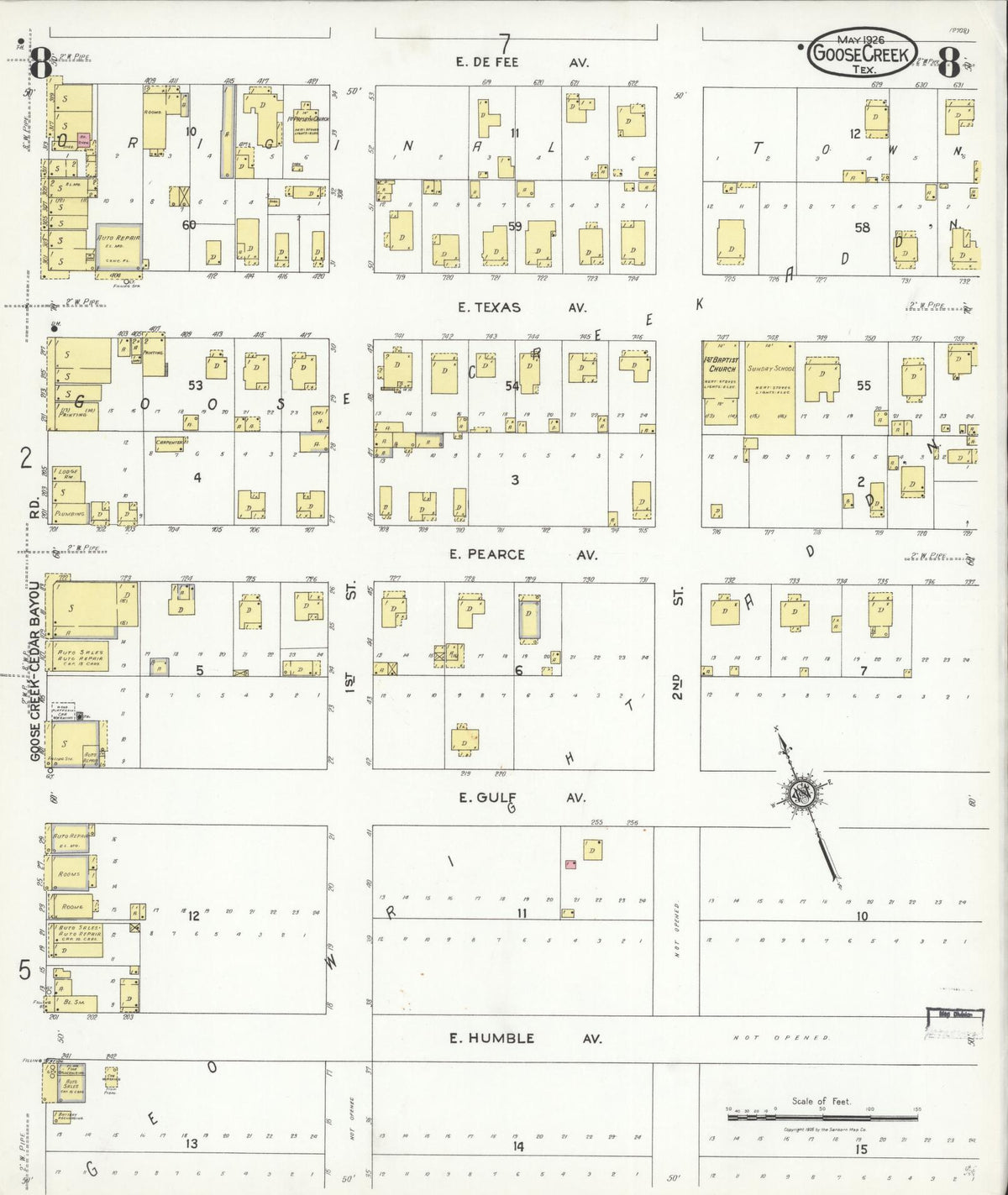 Sanborn Fire Insurance Map from Goose Creek, Harris County, Texas (1926), Sheet #0008 - Complete Map Set gallery image, historic Sanborn map, vintage wall art, Texas Texas