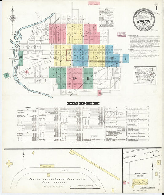 Sanborn Fire Insurance Map from Marion, Linn County, Iowa (1913), Sheet #0001 - Historic Sanborn Fire Insurance Map Print, vintage old map wall art