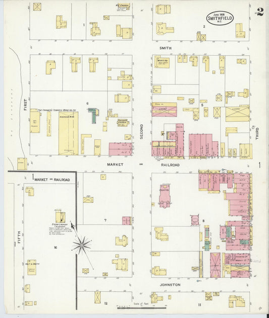 Sanborn Fire Insurance Map from Smithfield, Johnston County, North Carolina (1908), Sheet #0002 - Historic Sanborn Fire Insurance Map Print, vintage old map wall art, antique decor, genealogy gift, North Carolina North Carolina map