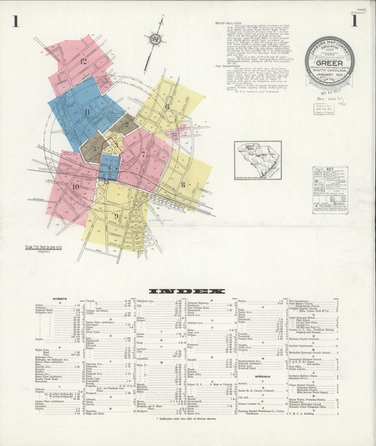 Sanborn Fire Insurance Map from Greer, Greenville and Spartanburg Counties, South Carolina (1930), Sheet #0001 - Historic Sanborn Fire Insurance Map Print, vintage old map wall art, antique decor, genealogy gift, South Carolina South Carolina map