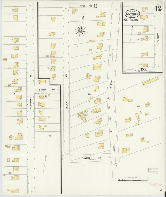 Sanborn Fire Insurance Map from Sayville, Suffolk County, New York (1909), Sheet #0012 - Historic Sanborn Fire Insurance Map Print, vintage old map wall art, antique decor, genealogy gift, New York New York map