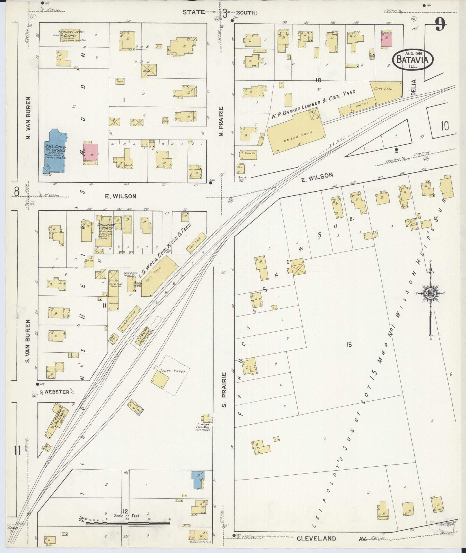 Sanborn Fire Insurance Map from Batavia, Kane County, Illinois (1916), Sheet #0009 - Historic Sanborn Fire Insurance Map Print, vintage old map wall art, antique decor, genealogy gift, Illinois Illinois map