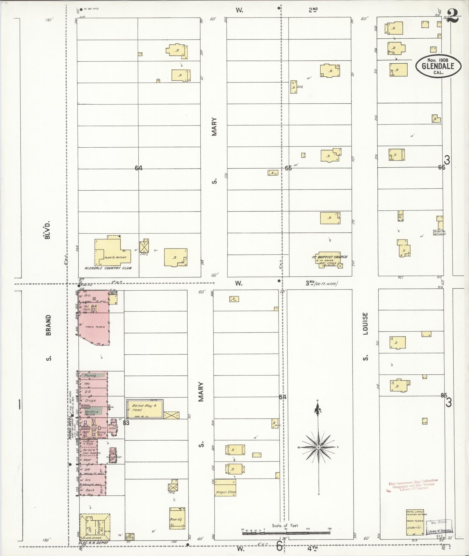 Sanborn Fire Insurance Map from Glendale, Los Angeles County, California (1908), Sheet #0002 - Historic Sanborn Fire Insurance Map Print, vintage old map wall art, antique decor, genealogy gift, California California map