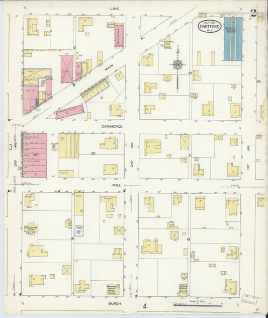 Sanborn Fire Insurance Map from Hartford, Geneva County, Alabama (1913), Sheet #0002 - Historic Sanborn Fire Insurance Map Print, vintage old map wall art, antique decor, genealogy gift, Alabama Alabama map