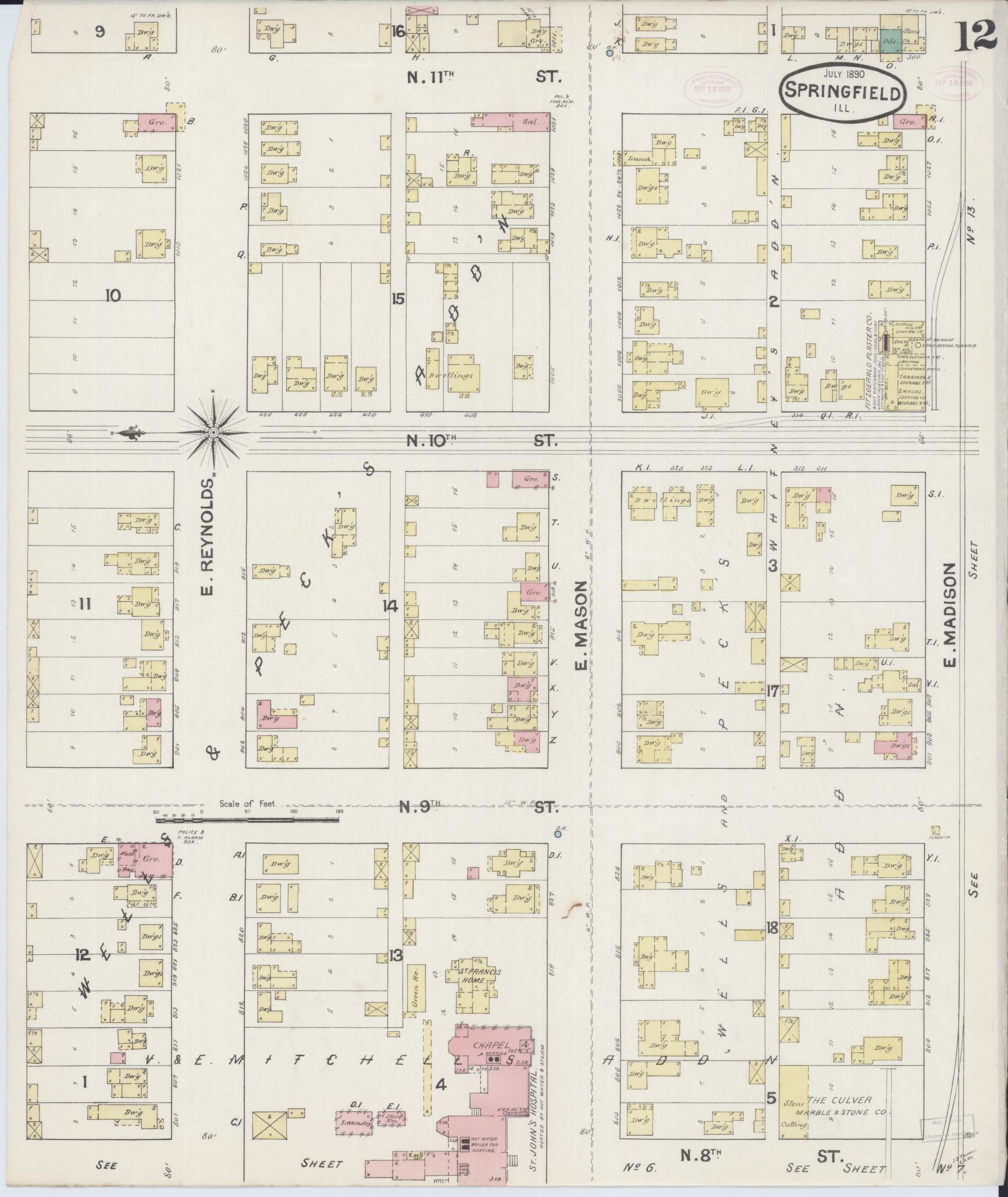 Sanborn Fire Insurance Map from Springfield, Sangamon County, Illinois (1890), Sheet #0012 - Historic Sanborn Fire Insurance Map Print, vintage old map wall art, antique decor, genealogy gift, Illinois Illinois map