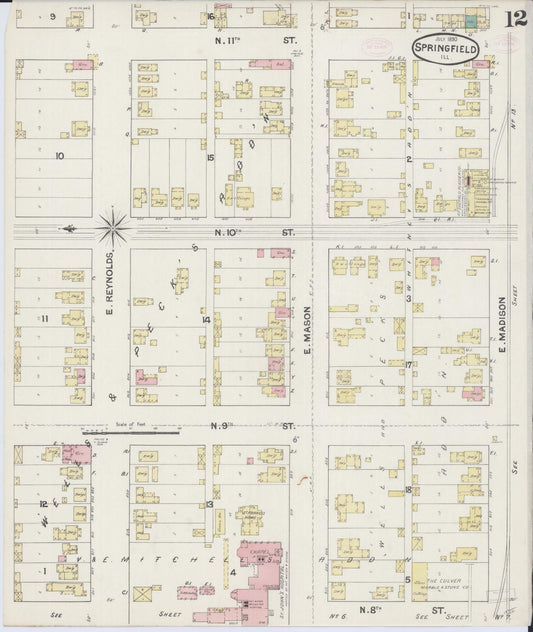 Sanborn Fire Insurance Map from Springfield, Sangamon County, Illinois (1890), Sheet #0012 - Historic Sanborn Fire Insurance Map Print, vintage old map wall art, antique decor, genealogy gift, Illinois Illinois map