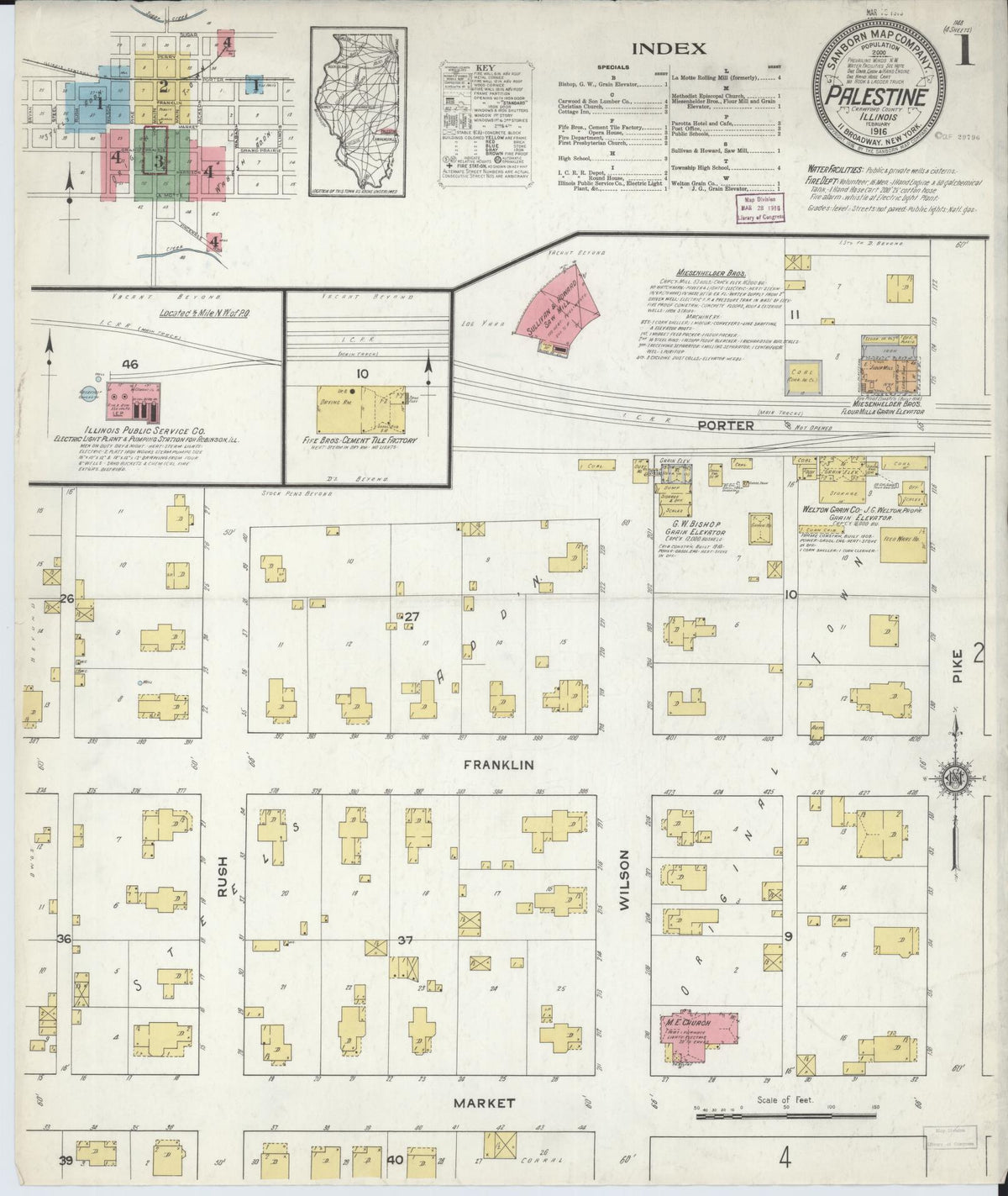 Sanborn Fire Insurance Map from Palestine, Crawford County, Illinois (1916), Sheet #0001 - Historic Sanborn Fire Insurance Map Print, vintage old map wall art, antique decor, genealogy gift, Illinois Illinois map