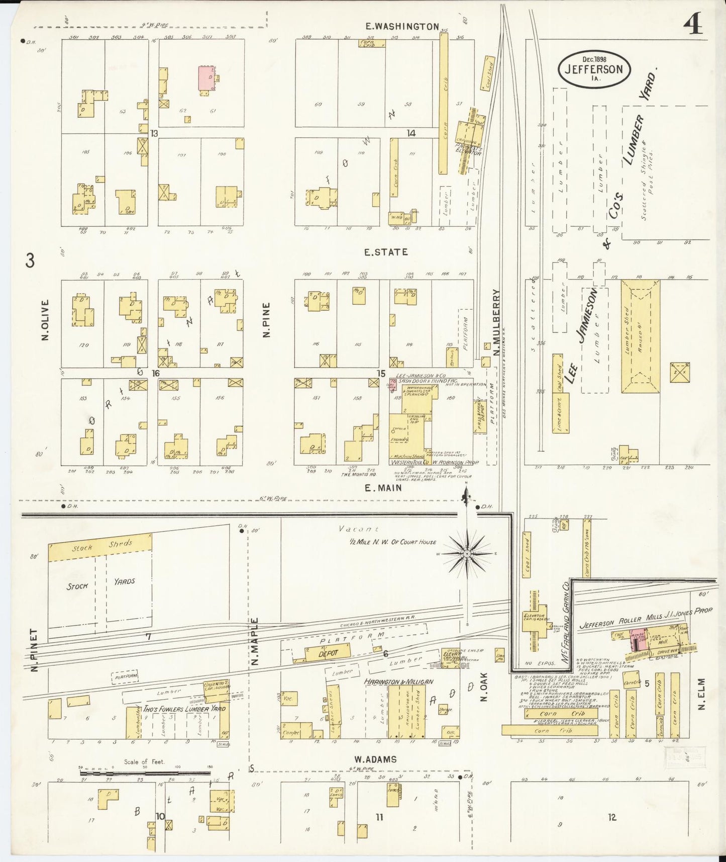 Sanborn Fire Insurance Map from Jefferson, Greene County, Iowa (1898), Sheet #0004 - Historic Sanborn Fire Insurance Map Print, vintage old map wall art